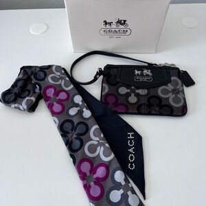 Coach Gray, Black & Purple Signature Wristlet with Matching Scarf